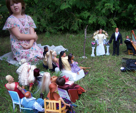 The wedding guests wait outdoors...