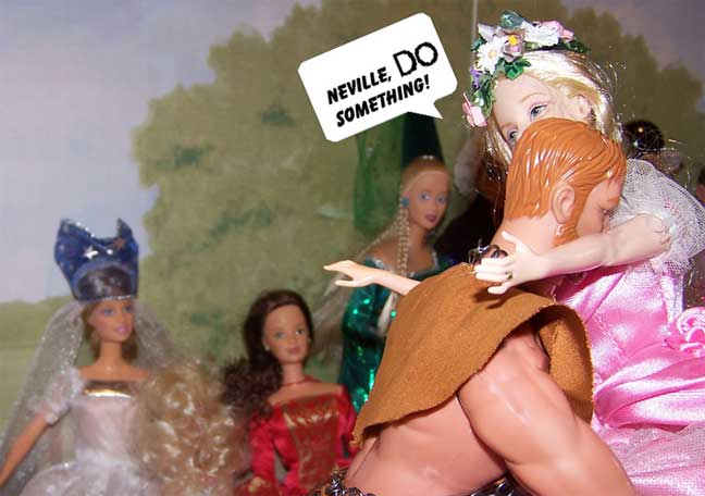 The bride cries piteously for help (well, when she's not too busy GIGGLING...)