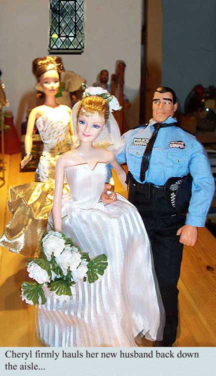 Cheryl firmly hauls Don back down the aisle...